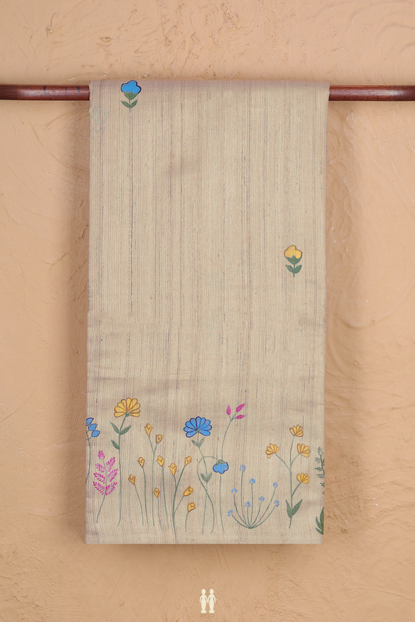Tussar Silk Saree In Light Brown With Hand Painted Design