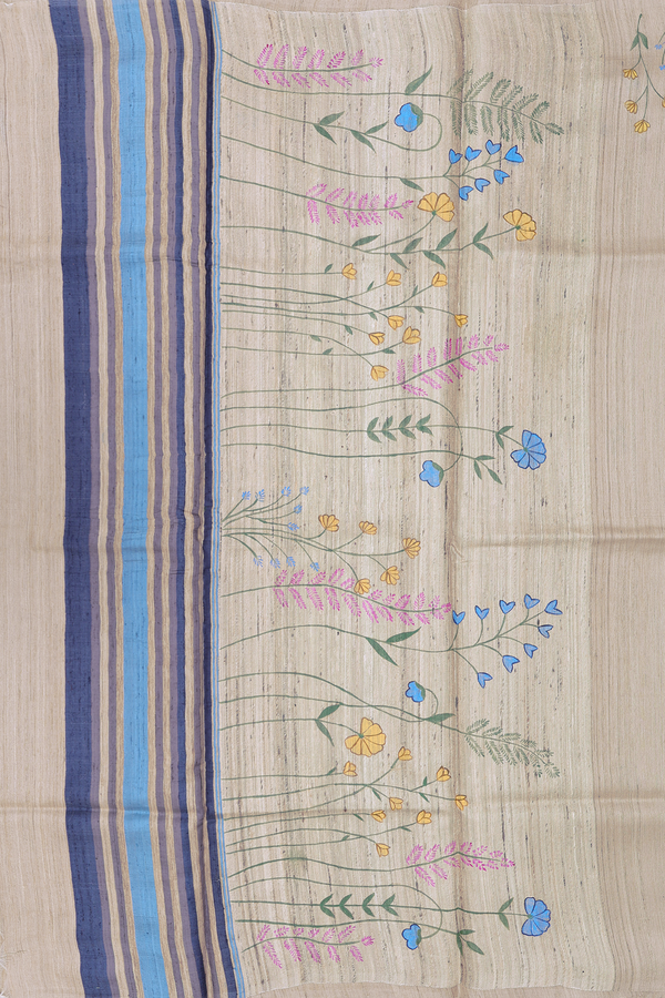 Tussar Silk Saree In Light Brown With Hand Painted Design
