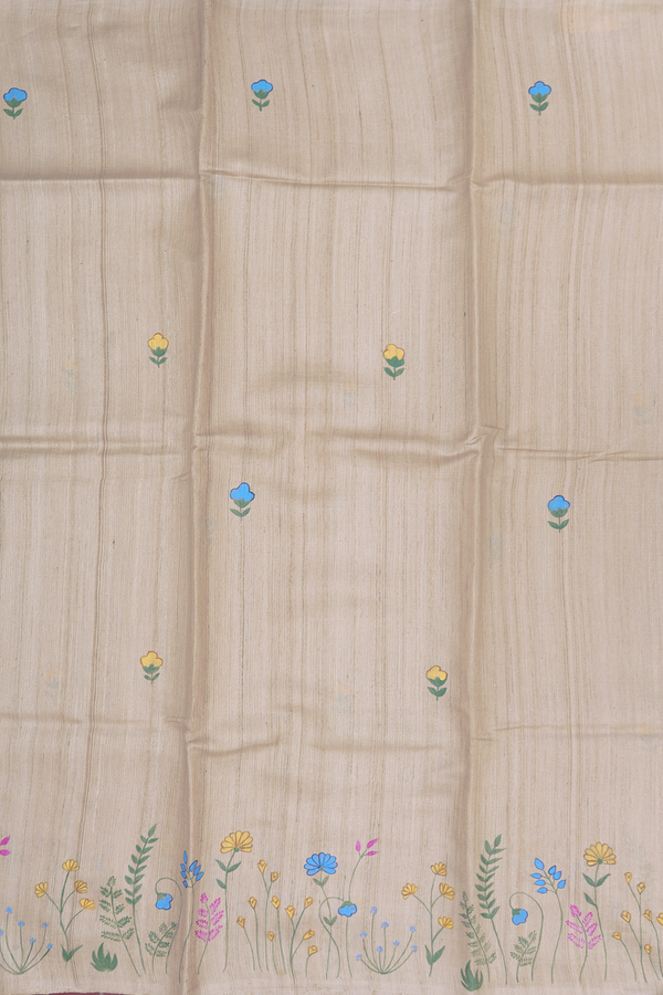 Tussar Silk Saree In Light Brown With Hand Painted Design