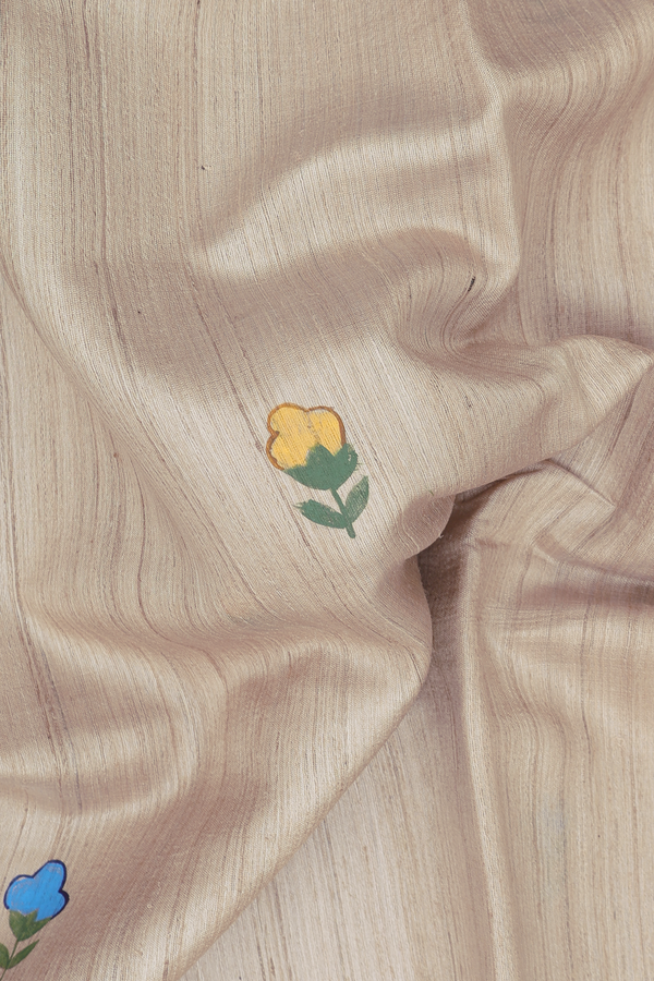 Tussar Silk Saree In Light Brown With Hand Painted Design