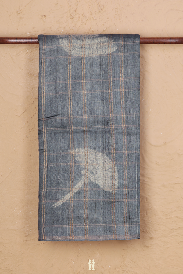 Tussar Silk Saree In Grey Along Checks With Motifs