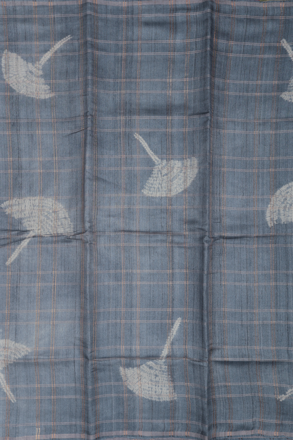 Tussar Silk Saree In Grey Along Checks With Motifs