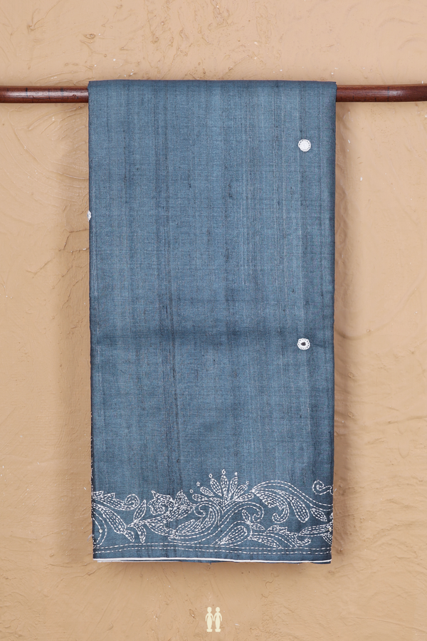 Tussar Silk Saree In Pigeon Blue With Mirror Work Buttas