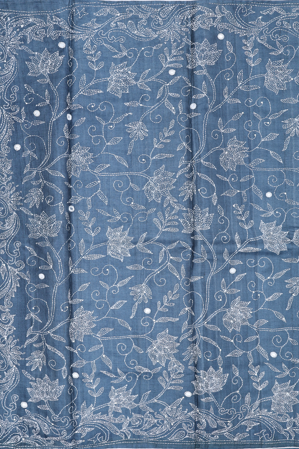 Tussar Silk Saree In Pigeon Blue With Mirror Work Buttas