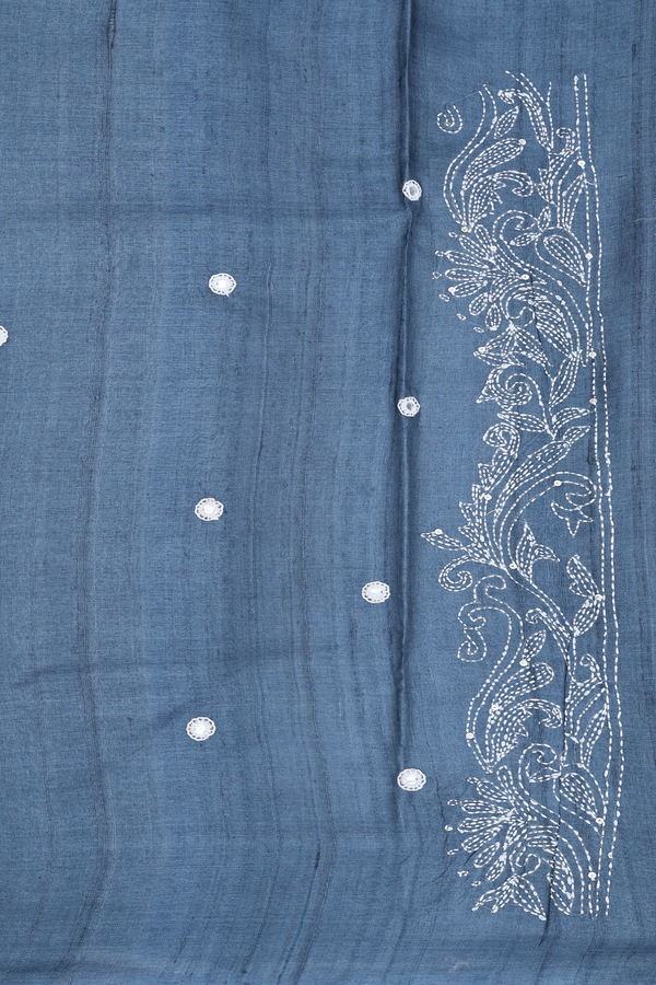Tussar Silk Saree In Pigeon Blue With Mirror Work Buttas