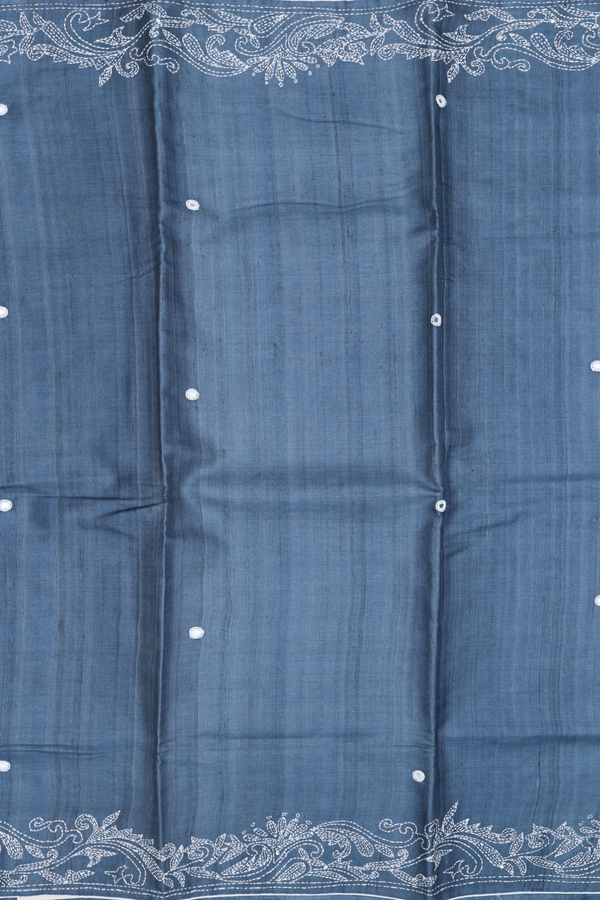 Tussar Silk Saree In Pigeon Blue With Mirror Work Buttas