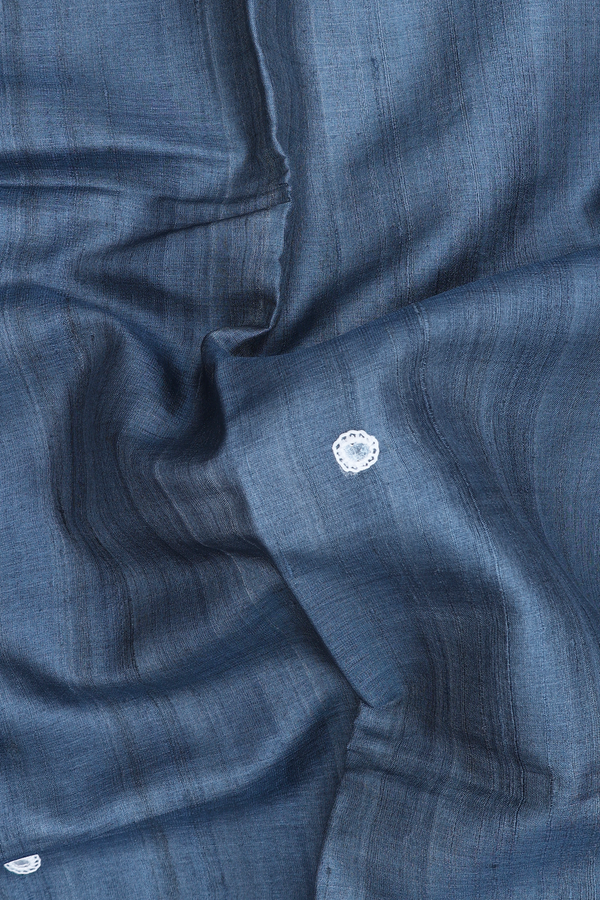 Tussar Silk Saree In Pigeon Blue With Mirror Work Buttas