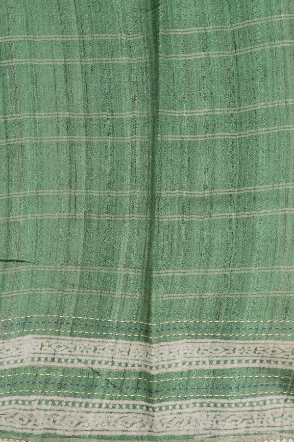 Tussar Silk Saree In Green Along Checks With Motifs
