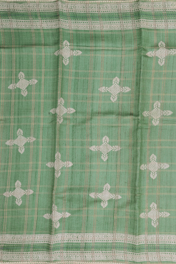 Tussar Silk Saree In Green Along Checks With Motifs