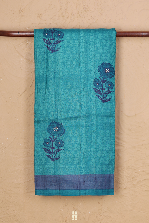 Tussar Silk Saree In Cerulean Blue With Floral Motifs