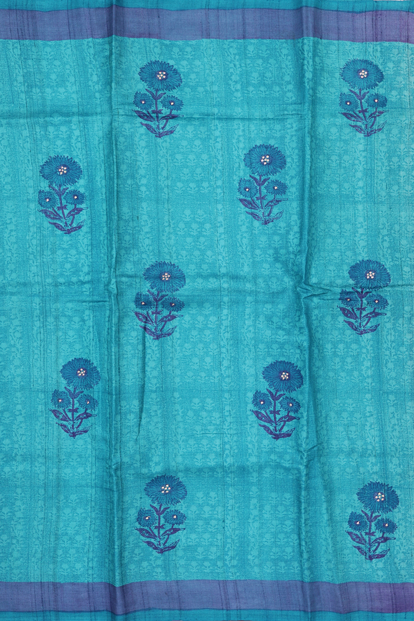 Tussar Silk Saree In Cerulean Blue With Floral Motifs