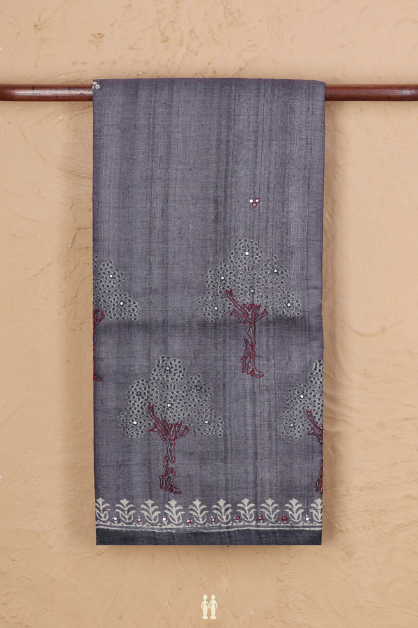 Tussar Silk Saree In Grey With Tree Motifs