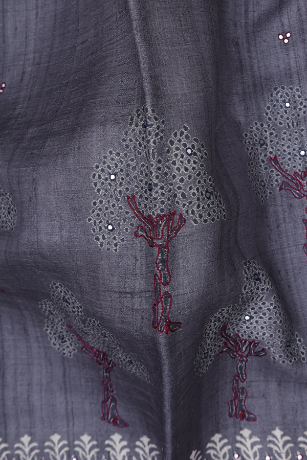 Tussar Silk Saree In Grey With Tree Motifs