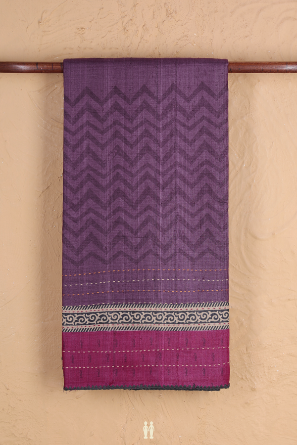 Tussar Silk Saree In Purple With Chevron Design