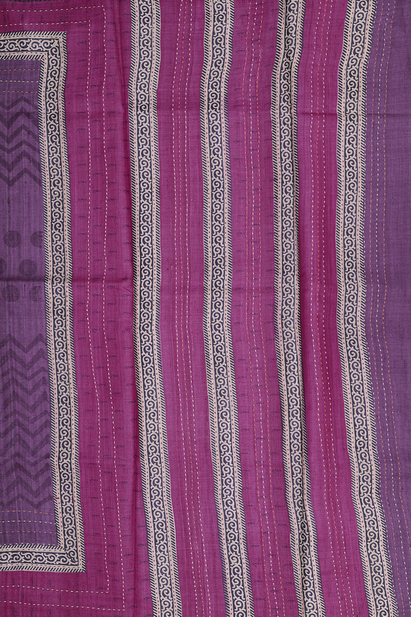 Tussar Silk Saree In Purple With Chevron Design