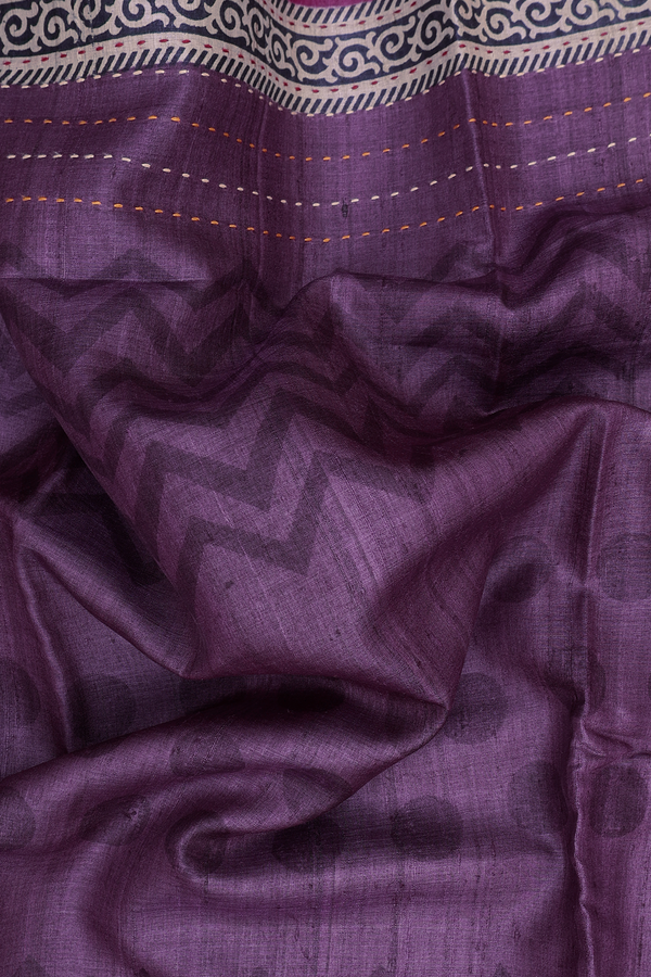 Tussar Silk Saree In Purple With Chevron Design