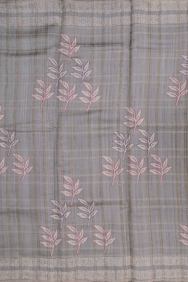 Tussar Silk Saree In Grey With Leaf Design
