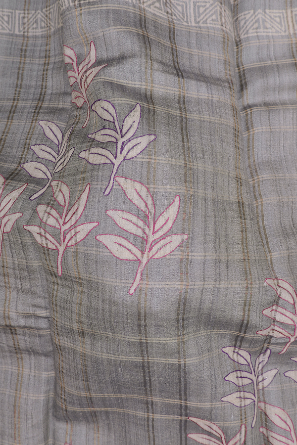 Tussar Silk Saree In Grey With Leaf Design