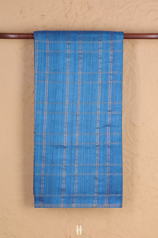 Tussar Silk Saree In Cobalt Blue With Checks Design