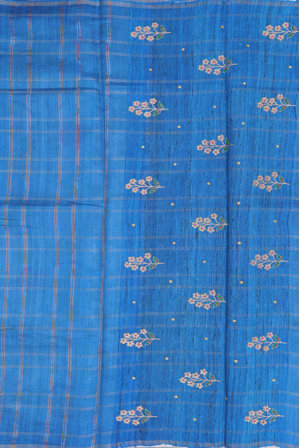 Tussar Silk Saree In Cobalt Blue With Checks Design