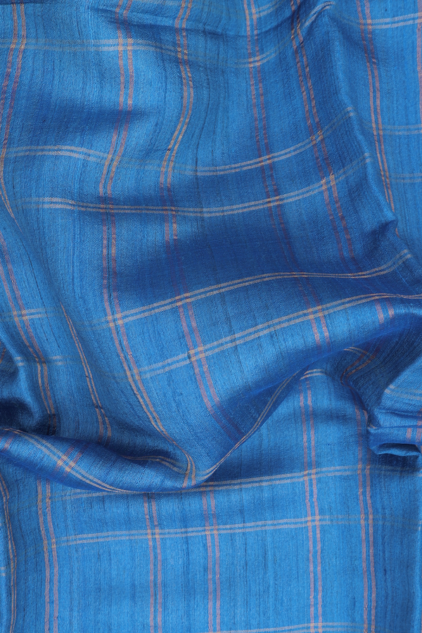 Tussar Silk Saree In Cobalt Blue With Checks Design