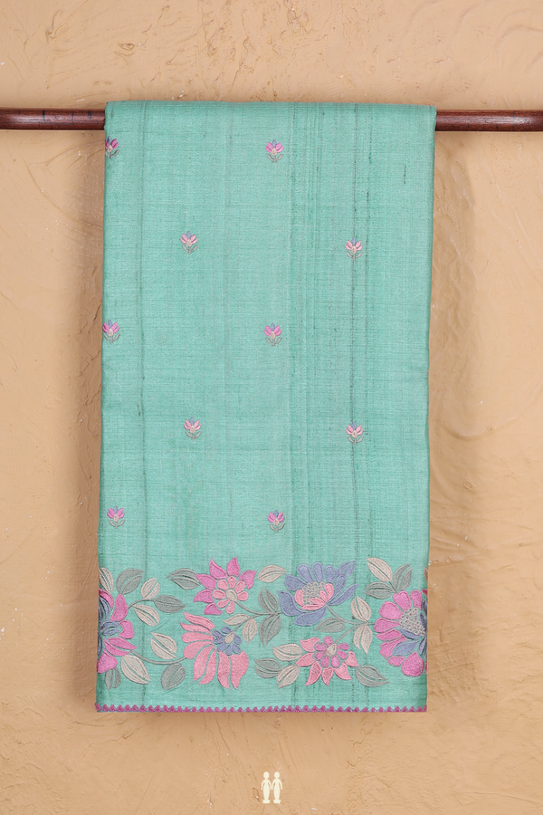 Tussar Silk Saree In Tiffany Blue With Embroidered Buttas