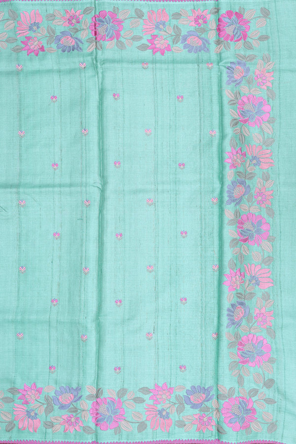 Tussar Silk Saree In Tiffany Blue With Embroidered Buttas