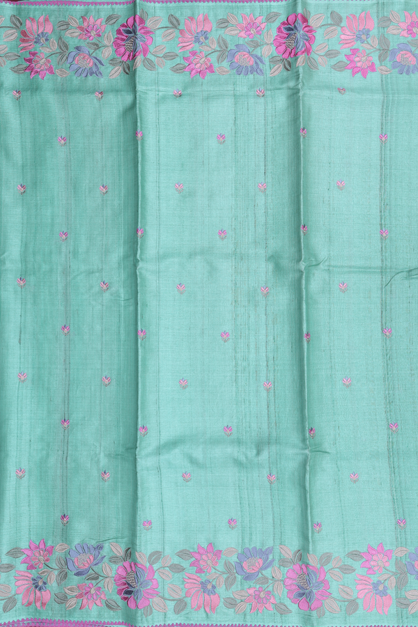 Tussar Silk Saree In Tiffany Blue With Embroidered Buttas