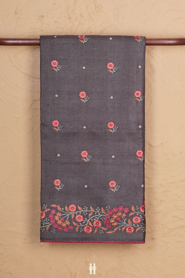 Tussar Silk Saree In Greyish Brown With Floral Buttas