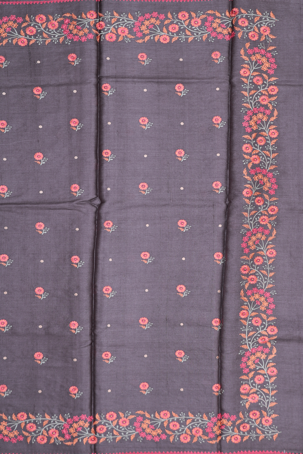 Tussar Silk Saree In Greyish Brown With Floral Buttas