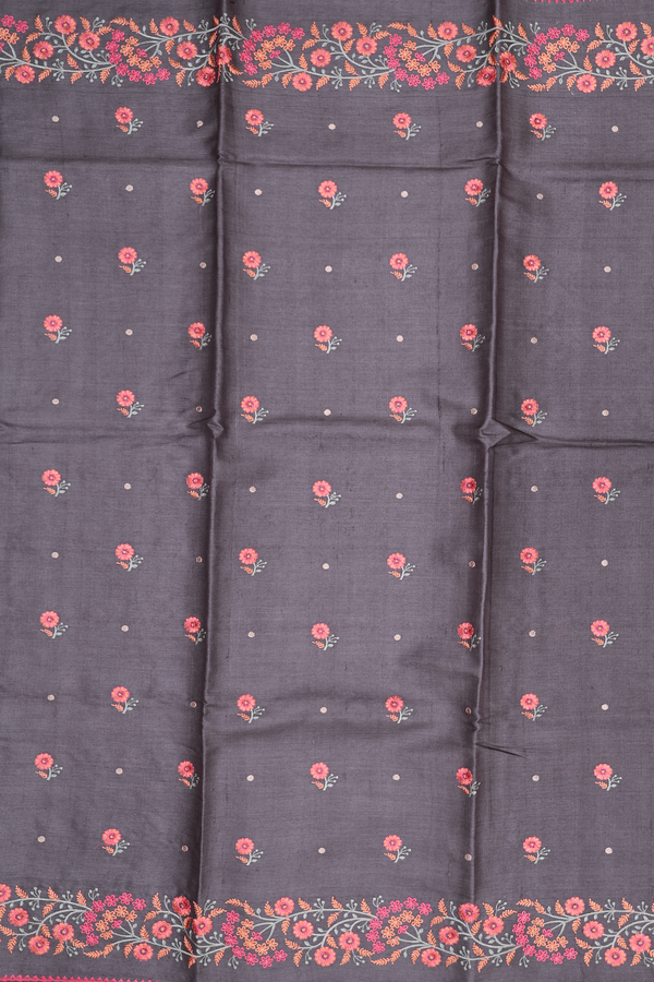 Tussar Silk Saree In Greyish Brown With Floral Buttas
