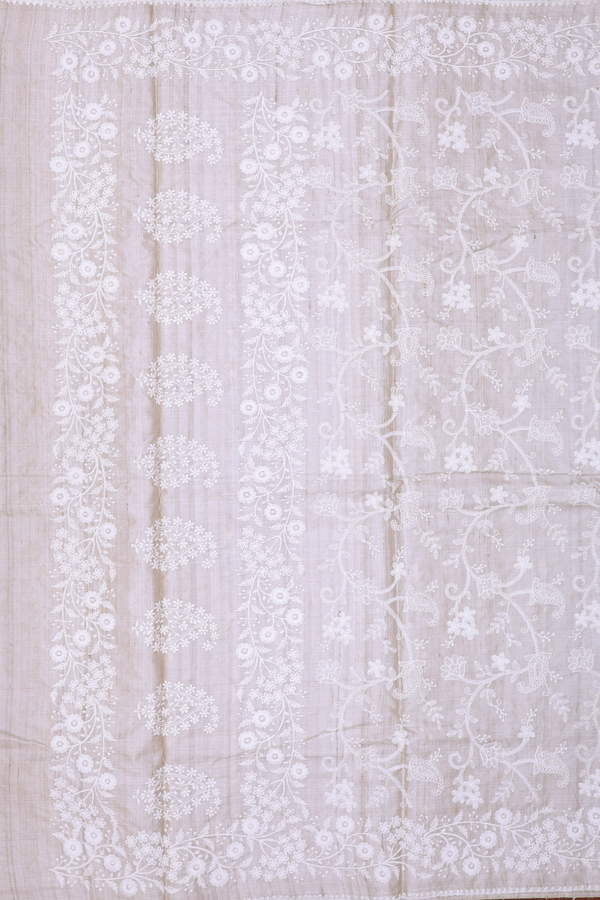 Tussar Silk Saree In Off White With Embroidered Design