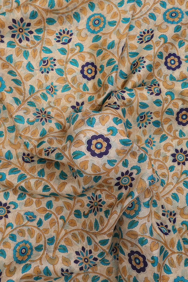 Printed Silk Saree In Beige With Floral Design