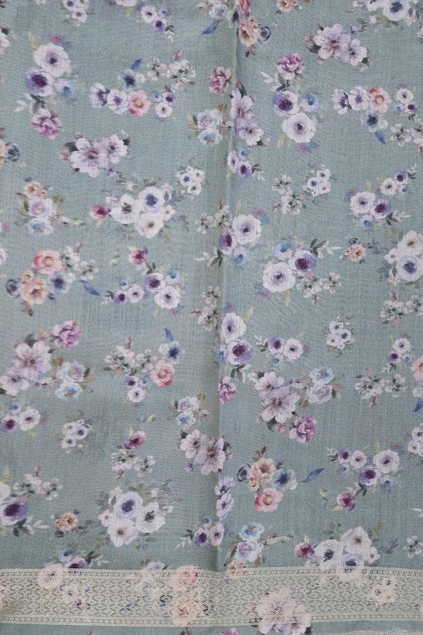 Chanderi Silk Cotton Saree In Dusty Green With Floral Design