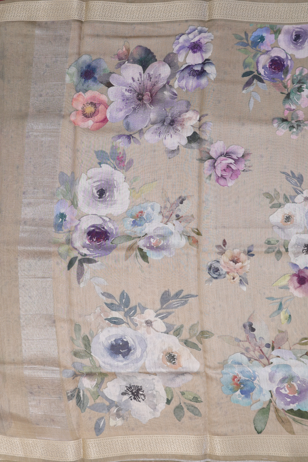 Chanderi Silk Cotton Saree In Pastel Khaki With Floral Design