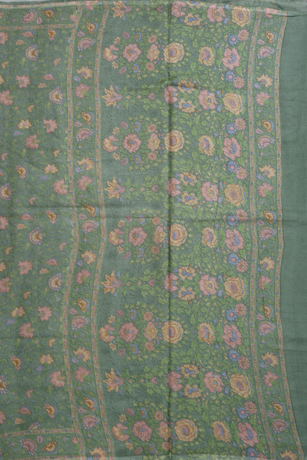 Printed Silk Saree In Sage Green With Floral Design