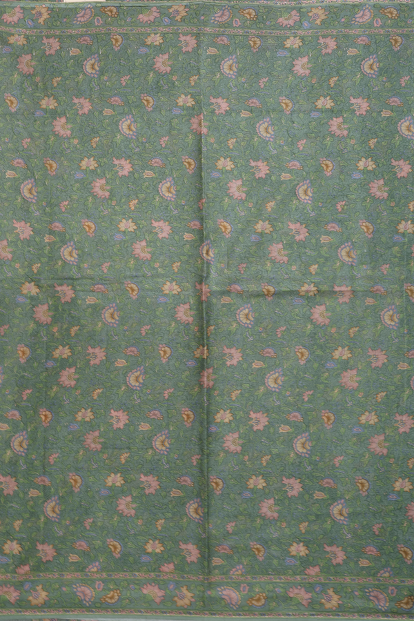 Printed Silk Saree In Sage Green With Floral Design