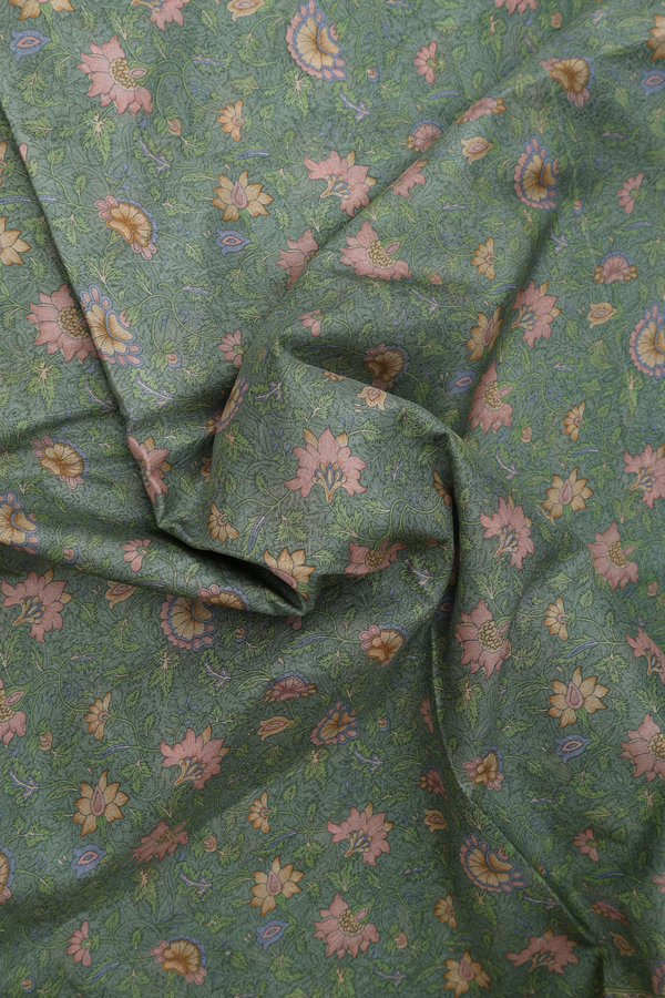 Printed Silk Saree In Sage Green With Floral Design