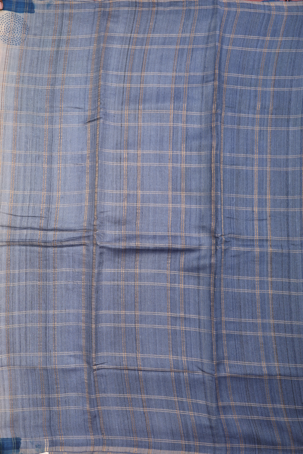 Tussar Silk Saree In Space Blue With Checks Design
