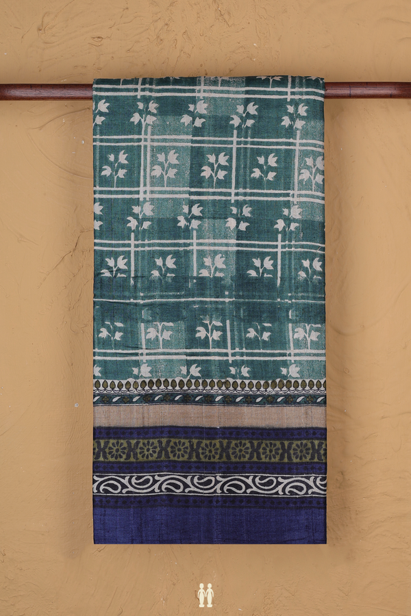 Tussar Silk Saree In Midnight Green With Floral Design