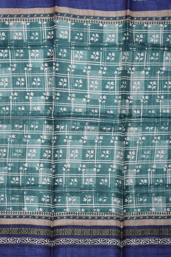 Tussar Silk Saree In Midnight Green With Floral Design