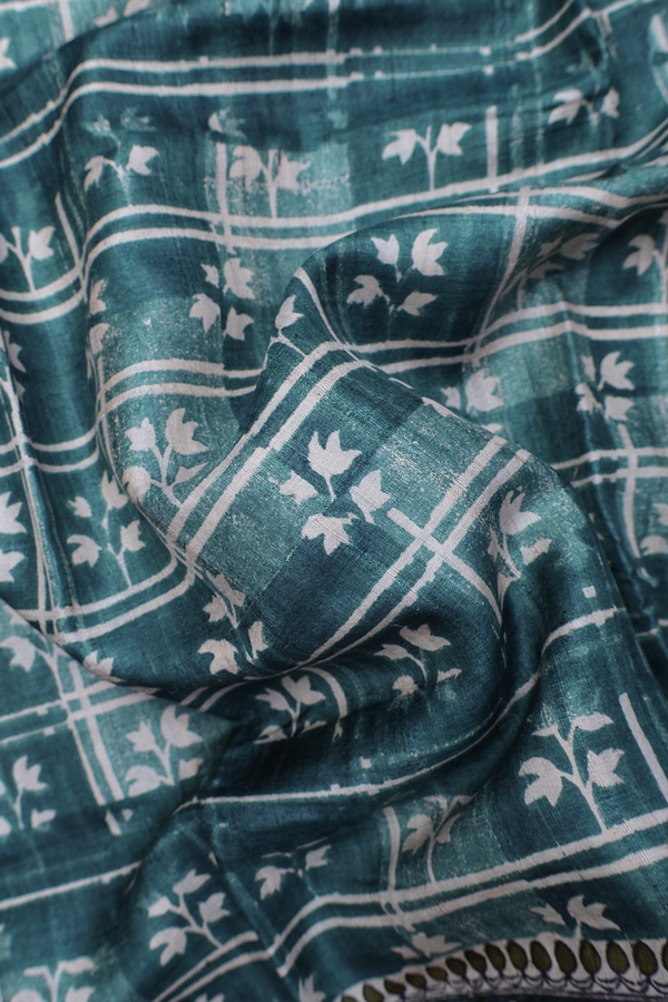 Tussar Silk Saree In Midnight Green With Floral Design