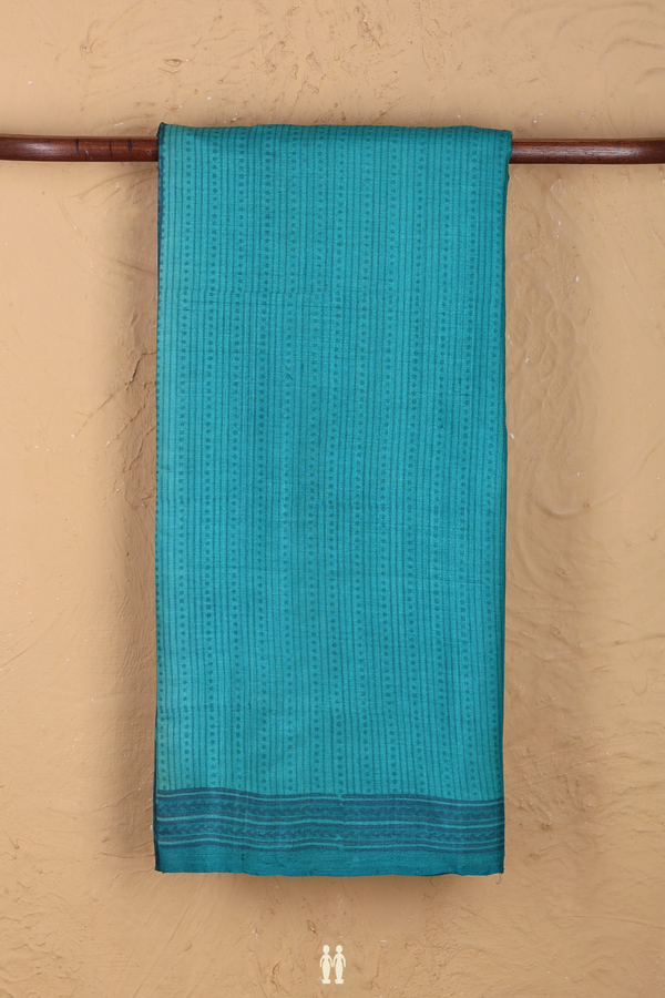 Tussar Silk Saree In Peacock Blue With Stripes Design