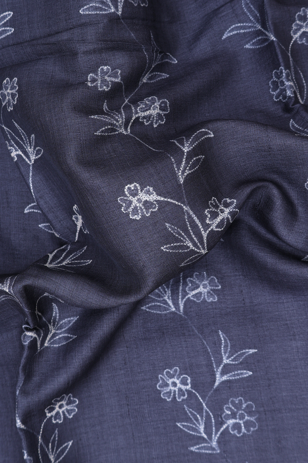 Tussar Silk Saree In Charcoal Grey With Floral Design