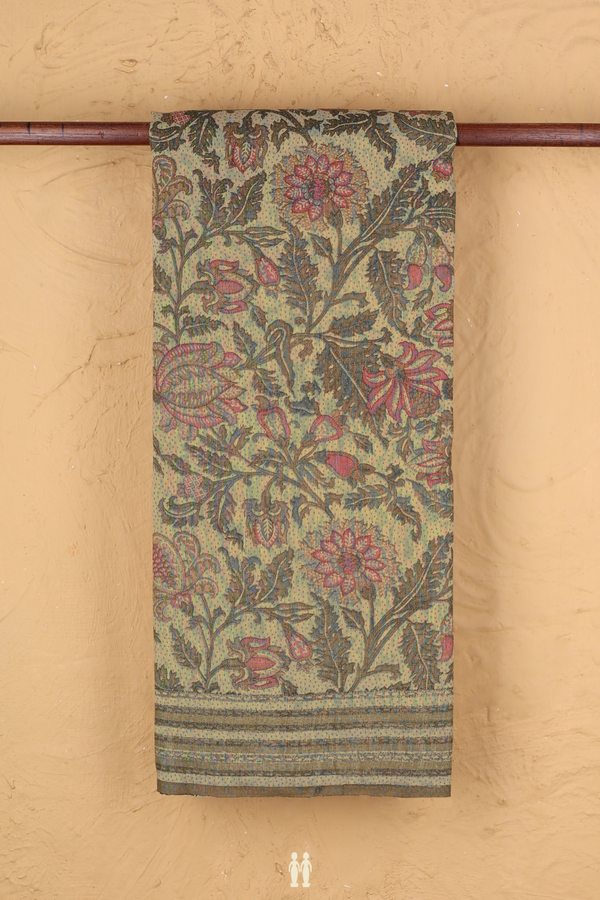 Linen Saree In Moss Green With Floral Printed Design