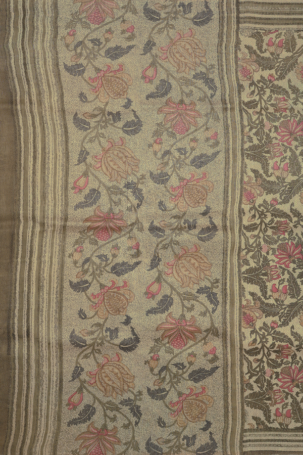 Linen Saree In Moss Green With Floral Printed Design