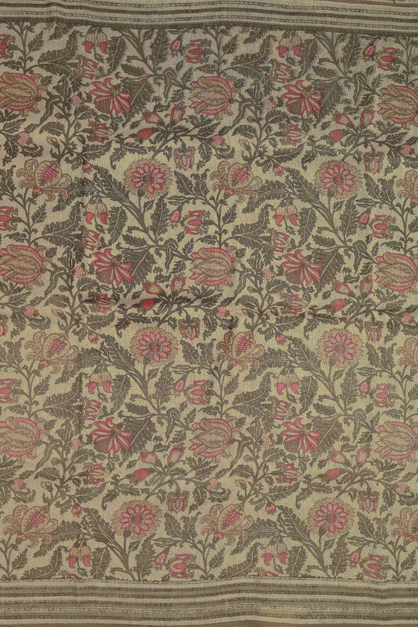 Linen Saree In Moss Green With Floral Printed Design