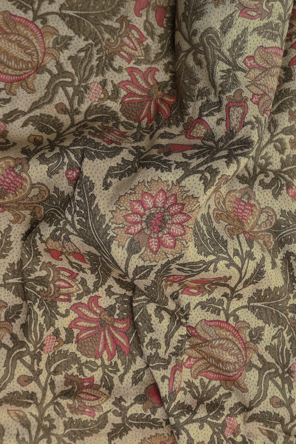 Linen Saree In Moss Green With Floral Printed Design