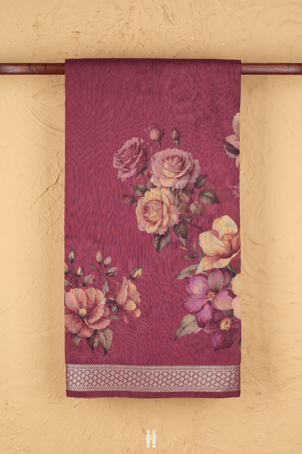 Tussar Silk Saree In Plum Purple With Floral Design