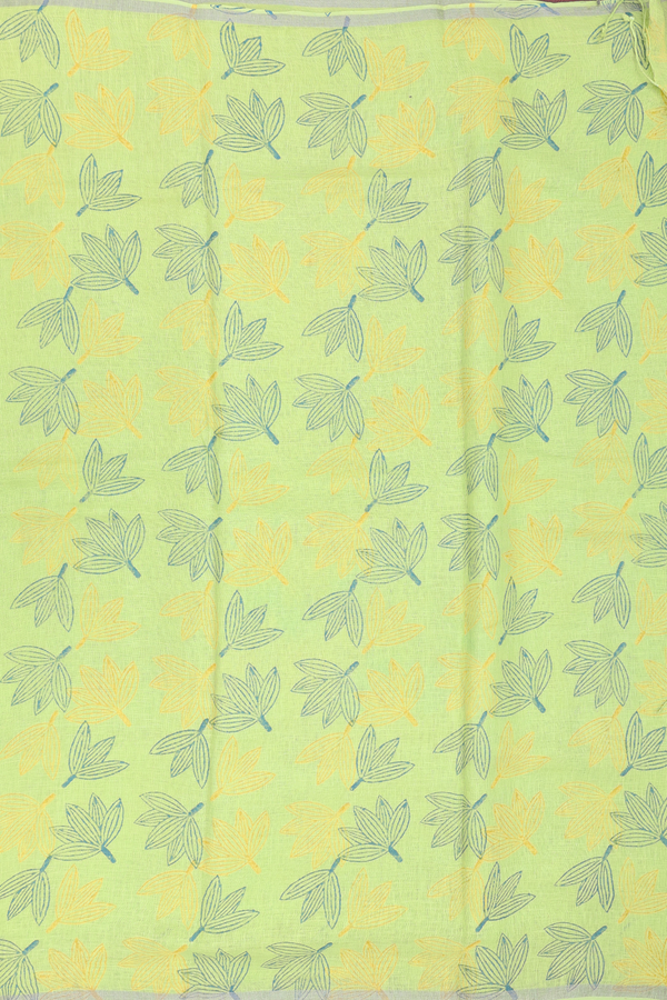 Linen Saree In Green With Leaf Design